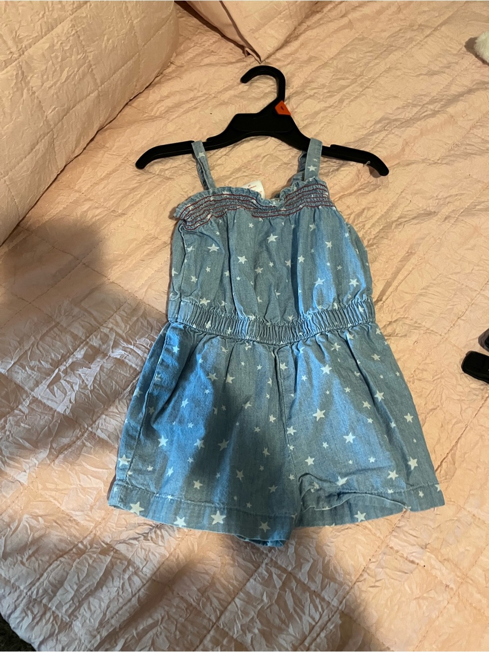 Girls' Light Blue Star Print Denim Romper with Adjustable Straps